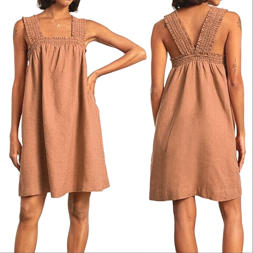 Everlane The Smocked Linen Dress Tawny Tan Brown Oversized Pockets Size …